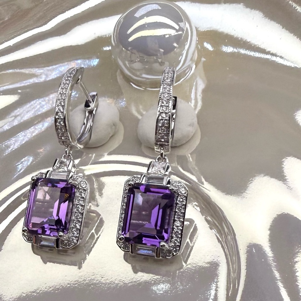 EA1 6.9CT High Quality Natural Russian Amethyst Huggies Earrings Rhodium S925 - Picture 7 of 12